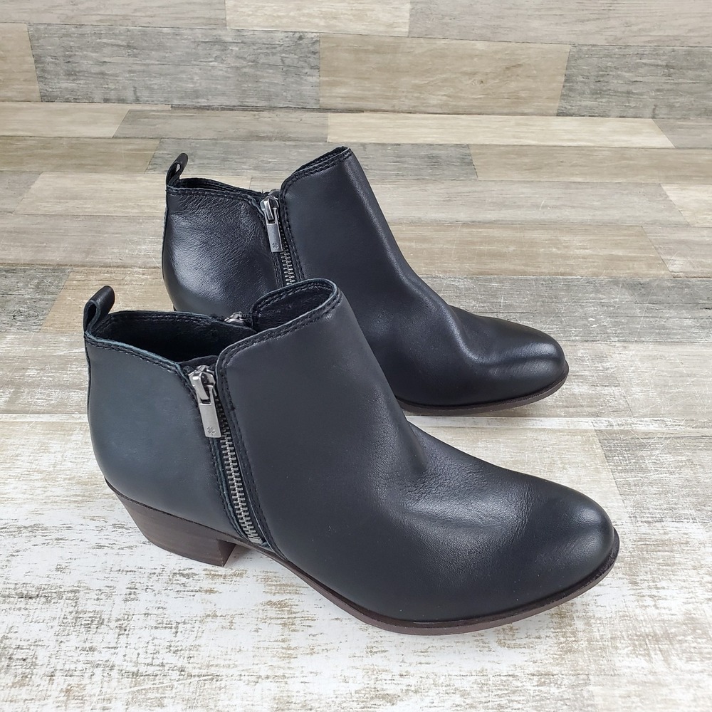 Lucky Brand Basel Womens Ankle Bootie Sz 8 M Black Leather Side Zip Block Heel